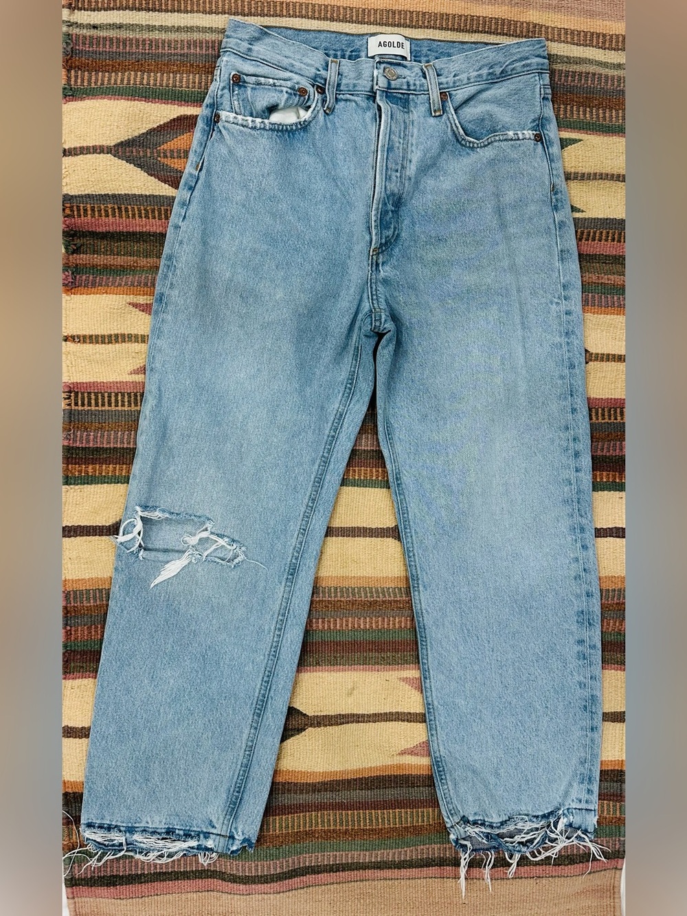 Agolde High Rise Straight Leg Jeans with Knee Distress in Light Wash Size 28